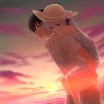  1girl black_hair carrying darker_than_black dress hat hei kanna_asuke petite piggyback sunset white_hair yin 