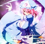  breasts cleavage hat japanese_clothes kurikara large_breasts pink_hair red_eyes saigyouji_yuyuko short_hair solo touhou 