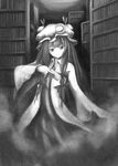  bad_id bad_pixiv_id bangs book bookshelf card crescent dark eruza fog greyscale hair_ribbon hat highres holding holding_card library long_hair monochrome patchouli_knowledge ribbon solo standing touhou voile wide_sleeves 