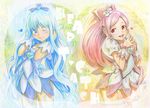  aqua_eyes aqua_hair bad_id bad_pixiv_id blue_choker blue_skirt choker colored_pencil_(medium) cure_blossom cure_marine hanasaki_tsubomi heart heartcatch_precure! kurumi_erika long_hair magical_girl mayo_riyo multiple_girls one_eye_closed pastel_(medium) pink_choker pink_hair precure red_eyes skirt traditional_media very_long_hair 