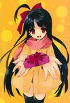  absurdres black_hair bow copyright_request gift hair_bow highres holding holding_gift incoming_gift itou_noiji jacket long_hair red_eyes scarf solo thighhighs zettai_ryouiki 