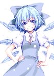  bad_id bad_pixiv_id blue_eyes blue_hair bow cirno grin hair_bow hands_on_hips happy ice kuronuko_neero short_hair simple_background sketch smile snow solo touhou wings 