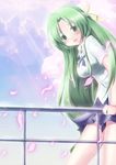  aral cherry_blossoms green_eyes green_hair half_updo higurashi_no_naku_koro_ni long_hair petals railing solo sonozaki_shion 