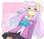  :&lt; alternate_costume bad_id bad_pixiv_id bespectacled contemporary face glasses hat long_hair minoa_(lastswallow) patchouli_knowledge purple_eyes purple_hair school_uniform solo touhou 