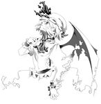  arched_back ascot bat_wings breasts brooch dissolving frilled_shirt_collar frills greyscale hat hat_ribbon highres jewelry jpeg_artifacts looking_up mob_cap monochrome remilia_scarlet ribbon serious shirt short_hair skirt small_breasts solo torn_wings touhou tsukimoto_aoi wings wrist_cuffs 
