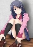  bakemonogatari black_legwear face glasses hair_ornament hairclip hanekawa_tsubasa juliet_sleeves kishida-shiki long_hair long_sleeves monogatari_(series) nekomonogatari panties puffy_sleeves school_uniform sitting skirt smile socks solo underwear 