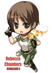  :o blush boots bottle brown_hair bulletproof_vest character_name chibi choker ear_piercing fingerless_gloves fire full_body gloves green_eyes gun handgun holding holding_bottle holding_weapon jewelry kosumo md5_mismatch molotov_cocktail no_nose piercing pistol police police_uniform pouch rebecca_chambers resident_evil resident_evil_0 running simple_background solo uniform weapon white_background 