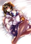  animal_ears bad_id bad_pixiv_id blush breasts brown_eyes brown_hair brown_legwear caffein checkered choker cleavage dog_ears fifteen_hounds gloves large_breasts maid pillow solo thighhighs 