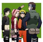  3boys armband bare_shoulders belt black_eyes black_hair blonde_hair facial_mark fingerless_gloves gloves haruno_sakura headband holster jacket ku2 looking_back multiple_boys naruto_(series) naruto_shippuuden navel open_mouth pants pink_hair pouch sai_(naruto) short_hair shorts skirt smile uzumaki_naruto vest weapon whisker_markings yamato_(naruto) 