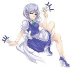  blue_eyes braid highres itsuki_(nanairo_megane) izayoi_sakuya knife legs maid short_hair silver_hair solo touhou twin_braids 