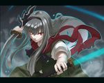  alternate_hair_length alternate_hairstyle black_hairband dual_wielding energy_sword foreshortening hairband holding katana konpaku_youmu letterboxed long_hair older red_eyes scarf sengoku_aky serious silver_hair solo sword touhou weapon 