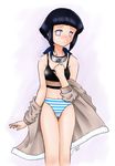  artist_request ass_visible_through_thighs bangs bare_legs bare_shoulders black_bra blue_hair blush bra brown_coat clenched_hand clothes_down coat d: embarrassed feet_out_of_frame fishnets forehead_protector fur-trimmed_coat fur_trim furrowed_eyebrows grey_eyes hand_up highres hyuuga_hinata konohagakure_symbol legs_together long_sleeves looking_at_viewer naruto naruto_(series) navel ninja no_pants nose_blush open_clothes open_coat open_mouth panties short_hair sidelocks signature simple_background solo standing striped striped_panties thigh_gap training_bra underwear white_background white_panties 