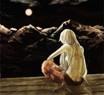  back bare_shoulders butt_crack dimples_of_venus fujiwara_no_mokou full_moon long_hair moon moonlight mountain nature night night_sky nishio scenery scratches sepia sitting sky solo touhou white_hair 