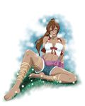  ankle_lace-up arm_support barefoot blush breasts brown_hair cleavage closed_eyes cross-laced_footwear dark_skin highres large_breasts leaning_back legs midriff navel noloty_malche ponytail ribbon sabachiyo_land sitting solo strapless tatakau_shisho thigh_ribbon tubetop 