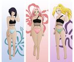  blue_panties bra fishnets haruno_sakura hyuuga_hinata lingerie maboroshii multiple_girls naruto naruto_(series) panties pink_panties striped striped_panties underwear yamanaka_ino 