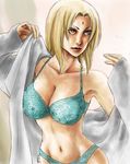  blonde_hair bra breasts brown_eyes cleavage facial_mark forehead_mark large_breasts lingerie naruto naruto_(series) no-elisa panties short_hair solo tsunade underwear 