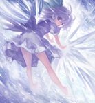  :o bare_legs barefoot blue_eyes blue_hair bow cirno from_behind hair_bow ice ice_wings iseki_(kuroshura_no_tabiji) leaning_forward looking_at_viewer looking_back magic outstretched_arms short_hair solo touhou wings 