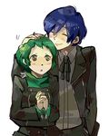  1girl blue_hair blush couple green_hair hand_on_another's_head hetero persona persona_3 petting school_uniform short_hair sutei_(giru) yamagishi_fuuka yuuki_makoto 