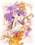  animal_ears anna_miller blue_eyes cat_ears cat_tail dress food highres hiiragi_kagami long_hair lucky_star nyanmilla orange_dress pocky purple_hair solo tail twintails waitress 