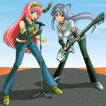  blue_eyes detached_sleeves guitar headband highway i_sing_for_you_(vocaloid) instrument long_hair megurine_luka microphone microphone_stand multiple_girls pink_hair ponytail red_eyes ren-chan silver_hair very_long_hair vocaloid voyakiloid yowane_haku 