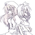  back-to-back bad_id bad_pixiv_id closed_eyes crossed_arms hat hiroto_ayuzu hong_meiling izayoi_sakuya long_hair looking_back maid_headdress monochrome multiple_girls pale_color pink_hair profile purple short_sleeves silver_hair simple_background sketch spot_color touhou 