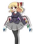  alternate_costume bad_id bad_pixiv_id blonde_hair blush bow bowtie fang flandre_scarlet fuuen_(akagaminanoka) hair_bow open_mouth ponytail red_eyes school_uniform short_hair side_ponytail skirt solo thighhighs touhou vampire wings 