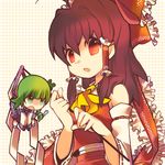  ahoge ascot black_hair bow detached_sleeves frills frog_hair_ornament gohei green_eyes green_hair hair_bow hair_ornament hair_tubes hakurei_reimu kochiya_sanae minigirl multiple_girls nigo open_mouth red_eyes short_hair snake touhou 