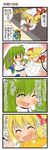  4koma :d ^_^ closed_eyes comic crowd dei_shirou fangs flandre_scarlet flying highres hong_meiling kochiya_sanae midriff multiple_girls open_mouth portable_barricade smile sweat tatara_kogasa touhou translated wings 