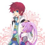  1girl asbel_lhant blue_eyes brown_hair flower hand_on_another's_head matsurika petting purple_eyes purple_hair sophie_(tales) tales_of_(series) tales_of_graces twintails 