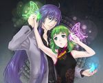  1girl bad_id bad_pixiv_id blue_eyes butterfly_wings china_dress chinese_clothes couple dress green_eyes green_hair gumi headphones hetero kamui_gakupo long_hair magnet_(vocaloid) ohse purple_hair short_hair vocaloid wings 