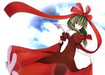  bad_id bad_pixiv_id bow dress frills front_ponytail green_eyes green_hair hair_bow hair_ribbon kagiyama_hina kamata_yuuya looking_back ribbon solo touhou 