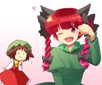  animal_ears bangs blunt_bangs braid cat_ears chen dress fang hanjuku_tomato hat kaenbyou_rin multiple_girls nyoro~n one_eye_closed paw_pose ribbon touhou twin_braids 