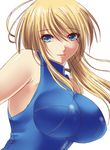  bad_id bad_pixiv_id blonde_hair blue_eyes breasts highres impossible_clothes impossible_shirt large_breasts long_hair metroid ran_komomo samus_aran shirt skin_tight solo 