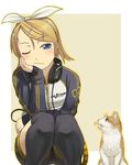  blonde_hair blue_eyes blush cat hair_ornament hair_ribbon hairclip headphones headphones_around_neck itou_(onsoku_tassha) jacket kagamine_rin kneehighs one_eye_closed ribbon shorts solo squatting track_jacket vocaloid 