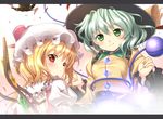 :o blonde_hair bug butterfly flandre_scarlet glowing green_eyes green_hair hands hat heart insect kimitoshiin komeiji_koishi letterboxed looking_back multiple_girls red_eyes short_hair smile touhou wavy_hair wings 