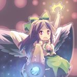  arm_cannon arm_up black_hair bow cape energy foreshortening glowing green_bow hair_bow long_hair orita_enpitsu pointing red_eyes reiuji_utsuho sketch solo touhou weapon wings 
