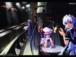  :o bad_id bad_pixiv_id chair dress flandre_scarlet izayoi_sakuya looking_at_viewer multiple_girls parted_lips patchouli_knowledge pink_dress puffy_short_sleeves puffy_sleeves remilia_scarlet short_sleeves silver_hair sitting surprised swimsuit table touhou vampire x-boy 