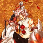  animal_ears detached_sleeves hair_over_one_eye hat inubashiri_momiji midriff red_eyes shield short_hair solo sword tail tobi_(discharge_cycle) tokin_hat touhou weapon white_hair wolf_ears wolf_tail 