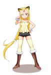  blonde_hair boots costume gen_1_pokemon jouwan long_hair one_eye_closed persian personification pokemon red_eyes shorts solo thighhighs very_long_hair 