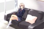  blazer couch crossed_legs glasses jacket long_legs original school_uniform short_hair silve sitting skirt socks solo 