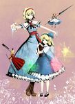  alice_margatroid alice_margatroid_(pc-98) bad_id bad_pixiv_id blonde_hair blue_eyes blue_hairband book boots bow doll dress hair_bow hairband highres hourai_doll mary_janes multiple_girls shanghai_doll shoes socks time_paradox touhou touhou_(pc-98) weapon 