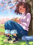  book brown_eyes brown_hair cherry_blossoms dappled_sunlight denim face glasses jeans no_socks original pairan pants shoes sitting smile sneakers solo sunlight sweater tree turtleneck 