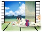  black_hair blue_sky bob_cut cloud day error fish fishbowl floral_print flower goldfish indoors japanese_clothes kimono lying morning_glory nocchi_(perfume) on_floor on_stomach perfume polydactyly profile short_hair shouji sky sliding_doors solo tana_(perfume) tatami wind_chime 