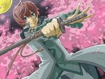  asbel_lhant bad_id bad_pixiv_id blue_eyes brown_hair cherry_blossoms keika male_focus moon ready_to_draw solo sword tales_of_(series) tales_of_graces weapon 