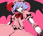  bad_id bad_pixiv_id bat_wings blood chikushou_desu hat hat_ribbon outstretched_arm pale_skin pink purple_hair red_eyes remilia_scarlet ribbon short_hair short_sleeves simple_background smile solo tongue touhou wings wrist_cuffs 