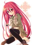  ahoge alastor_(shakugan_no_shana) chany jewelry long_hair navel pendant red_eyes red_hair school_uniform shakugan_no_shana shana skirt sword thighhighs very_long_hair weapon zettai_ryouiki 