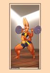  2016 anthro aroso blue_eyes bra clothed clothing exercise female hi_res lagomorph mammal midriff muscular muscular_female navel rabbit shorts solo sports_bra thick_thighs underwear weightlifting workout 