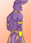  absurd_res anthro armband athletic bare_back beerus bracelet butt cat clothing dragon_ball dragon_ball_z feline grin hi_res jewelry looking_at_viewer looking_back male mammal pants purple_body simple_background solo spiritd teeth 