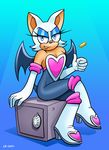  &lt;3 2015 anthro bat black_nose blue_background blue_eyes breasts cleavage clothed clothing coin curtsibling digital_media_(artwork) eyebrows female footwear grin half-closed_eyes hi_res high_heels looking_at_viewer mammal money parody rouge_the_bat shoes simple_background sitting solo sonic_(series) teeth watermark white_sclera wings 