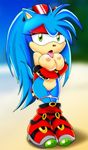  bbmbbf becky_the_hedgehog blue_fur blush breasts clothed clothing digital_media_(artwork) fan_character female fur green_eyes half-closed_eyes hedgehog horny inviting looking_at_viewer mammal mobius_unleashed palcomix panties pants_down partially_clothed pussy solo sonic_(series) tongue tongue_out underwear 
